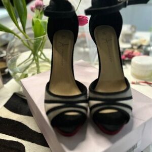 Primark Striped Black and White Heels with Bold Red Soles